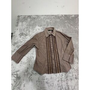 New York & Company Shirt Women's Size Large Brown Ruffled Striping Button Up EUC
